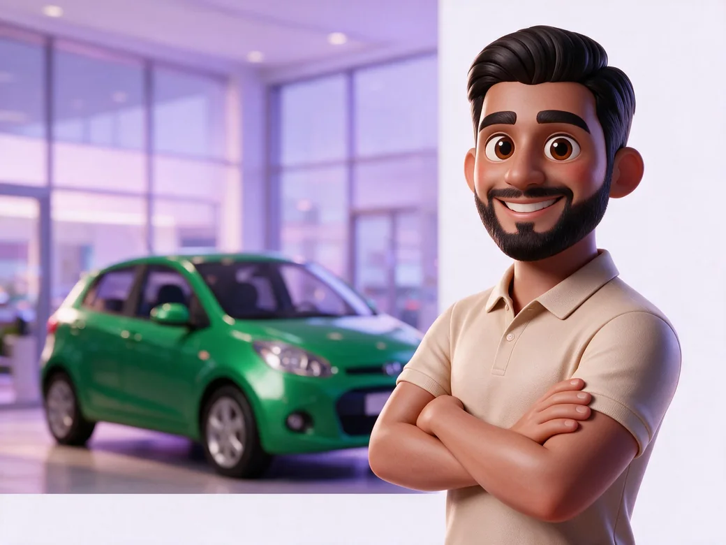 O cliente na frente do estoque da loja, apresentando o Módulo Básico