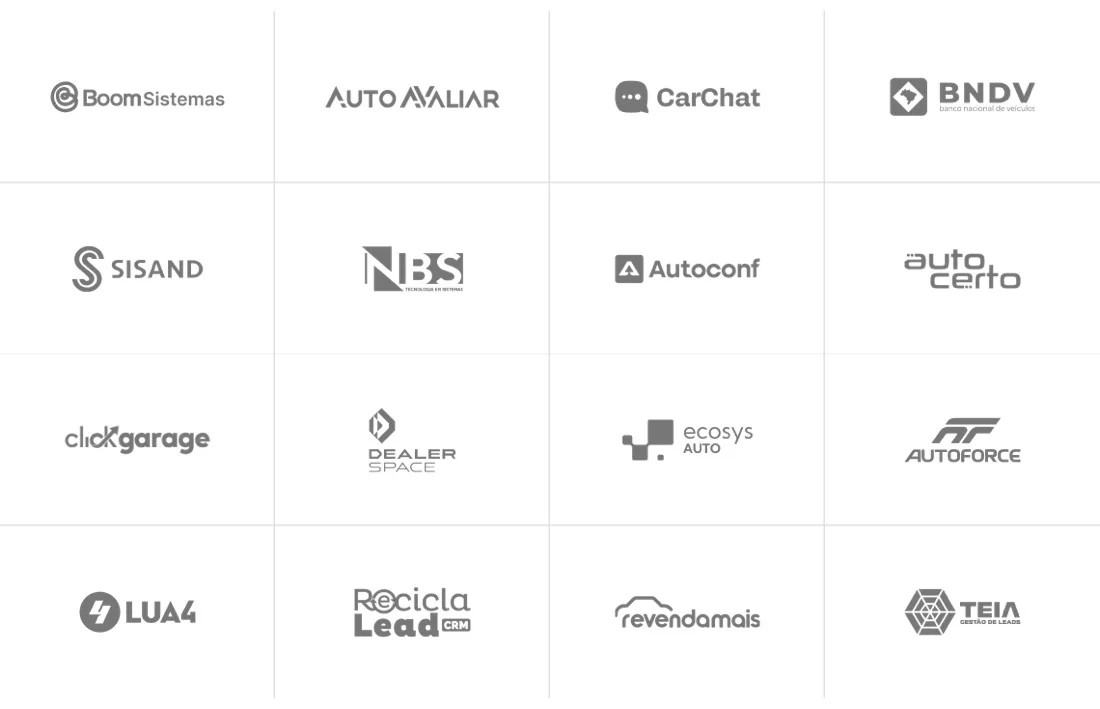 Plataformas parceiras: Boom Sistemas, Auto Avaliar, CarChat, BNDV, Sisand, NBS, Autoconf, Autocerto, Click Garage, Dealer Space, Ecosys Auto, Autoforce, LUA4, Recicla Lead, Revendamais e TEIA